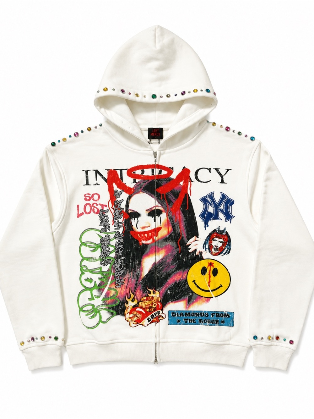 White Graphic Zip Hoodie with Multicolor Stud Accents